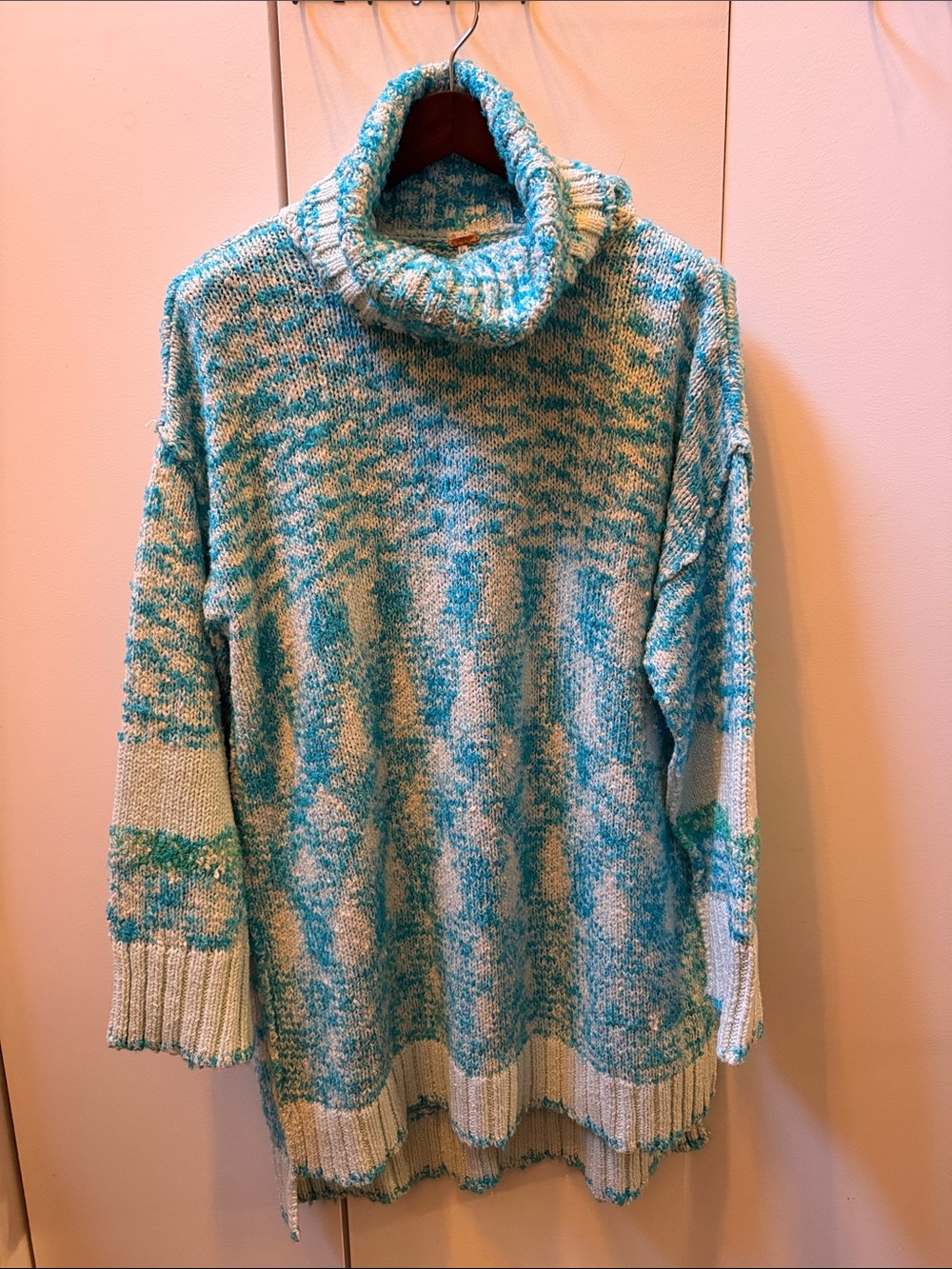 Free People Teal and Cream Marled Turtleneck Sweater